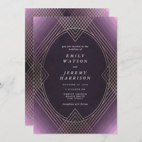 Gold Purple Oval Geometric Art Deco Gatsby Wedding Invitation