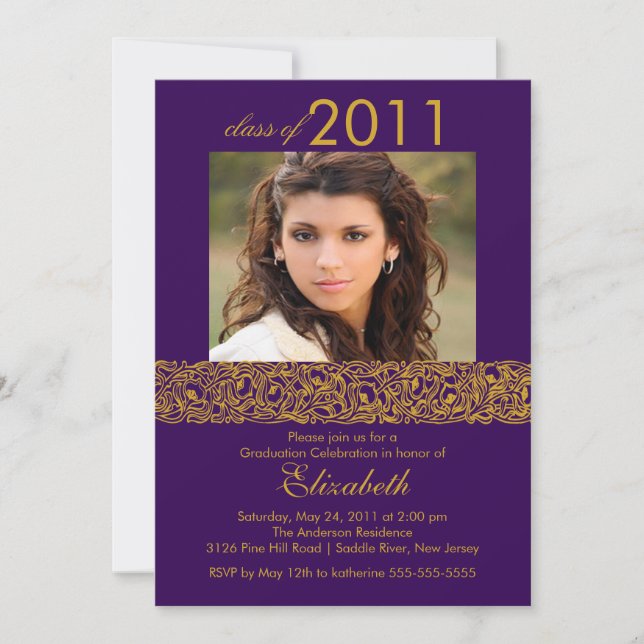 Gold & Purple Photo Graduation Invitation (Front)