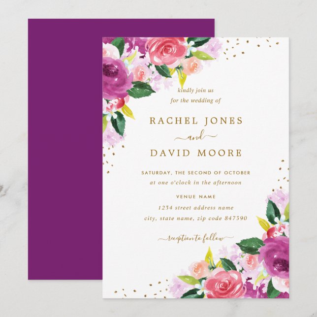 Gold Purple Pink Floral Watercolor Wedding Invite (Front/Back)