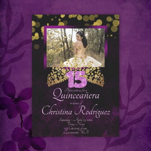 Gold, Purple, Pink Quinceanera Invitation w/ Tiara
