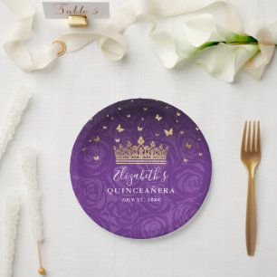 Gold Purple Quinceanera Birthday Party Template Paper Plates