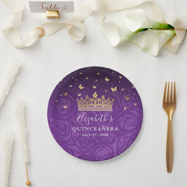 Gold Purple Quinceanera Birthday Party Template Paper Plates (Wedding)