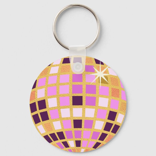 Gold Purple Retro Modern Disco Ball  Keychain (Front)