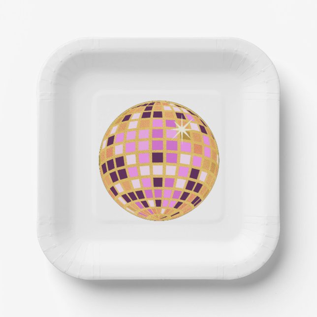 Gold Purple Retro Modern Disco Ball  Paper Plates (Front)