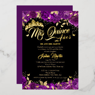 Gold Purple Rose Mis Quince Quinceanera Foil Invitation