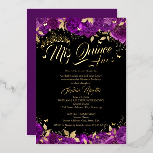 Gold Purple Rose Mis Quince Quinceanera  Foil Invitation