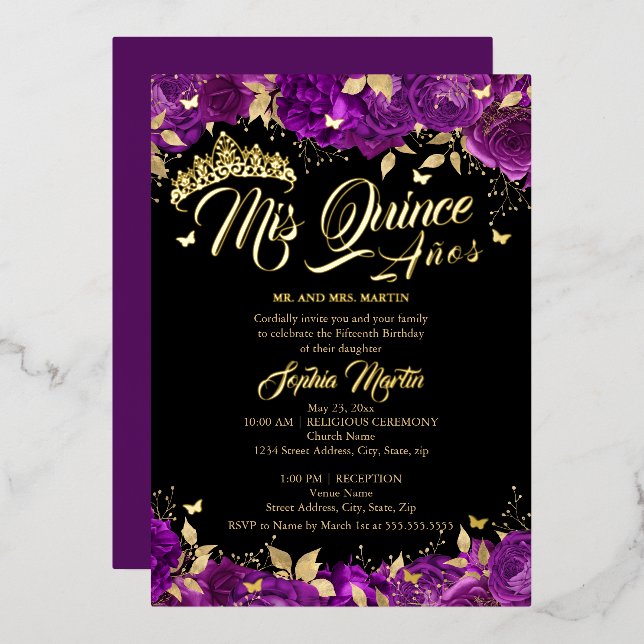 Gold Purple Rose Mis Quince Quinceanera  Foil Invitation (Front/Back)