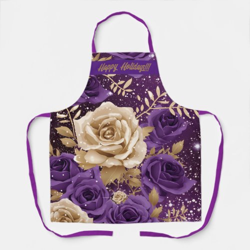 Gold  Purple Roses Happy Holidays Floral  Apron