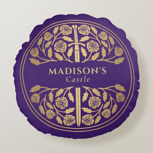 Gold Purple Royal Medieval Fantasy Sword Name Round Pillow (Front)