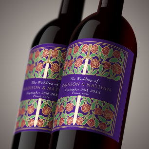Gold Purple Royal Medieval Floral Sword Wedding Wine Label