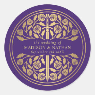 Gold Purple Royal Medieval Sword Wedding Classic Round Sticker