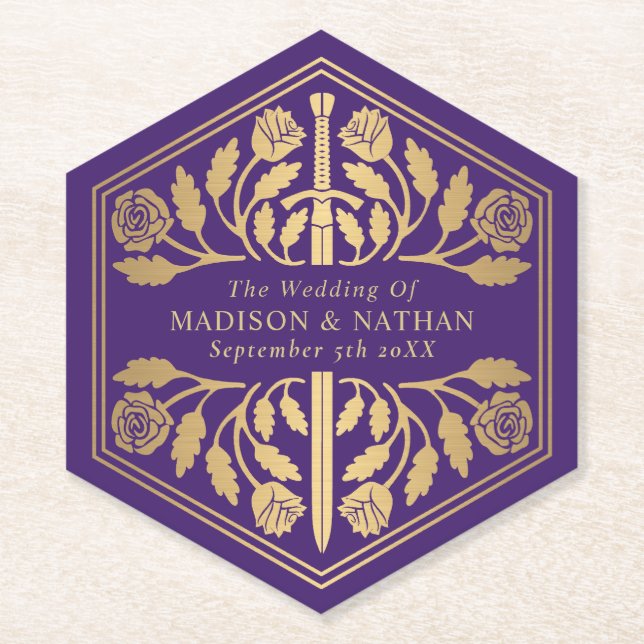 Gold Purple Royal Medieval Sword Wedding Paper Coaster (Front)