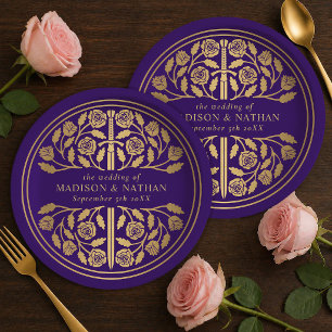 Gold Purple Royal Medieval Sword Wedding Paper Plates