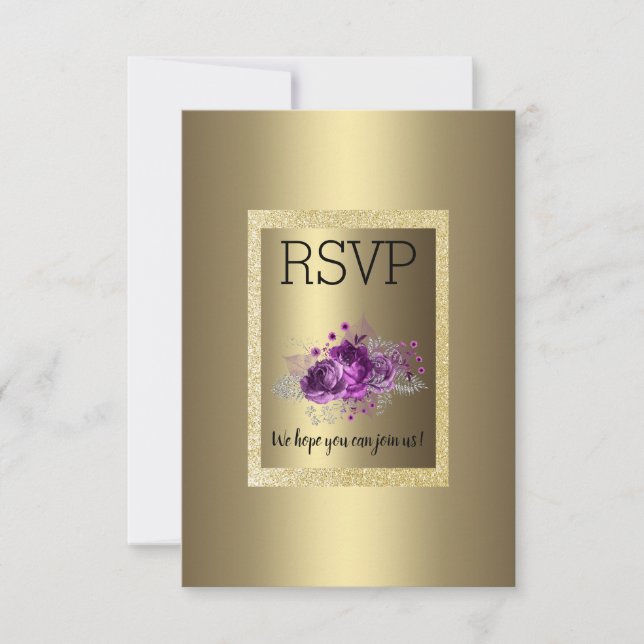 Gold Purple Simple Elegant Floral RSVP Card (Front)