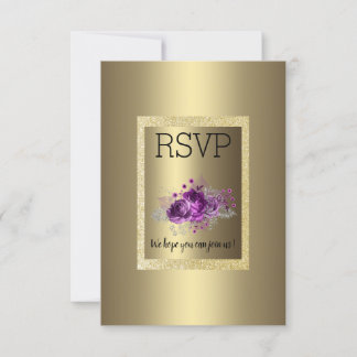 Gold Purple Simple Elegant Floral RSVP Card