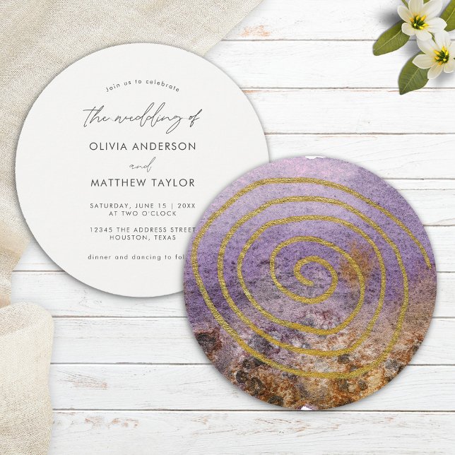 Gold Purple Simple Unique Watercolor Wedding Invitation (Front/Back)