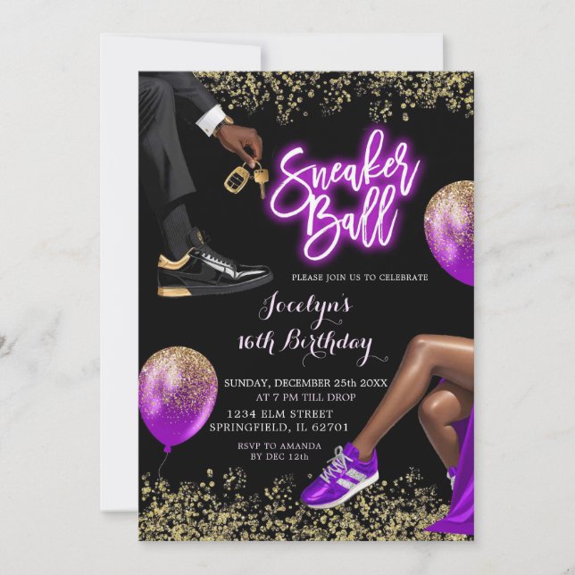 Gold Purple Sneaker Disco Ball Girl 16th Birthday Invitation (Front)