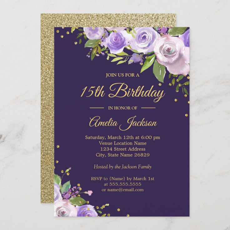 Gold Purple Sparkle Floral 15th Birthday Invite | Zazzle