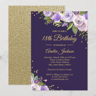 Gold Purple Sparkle Floral 18th Birthday Invite