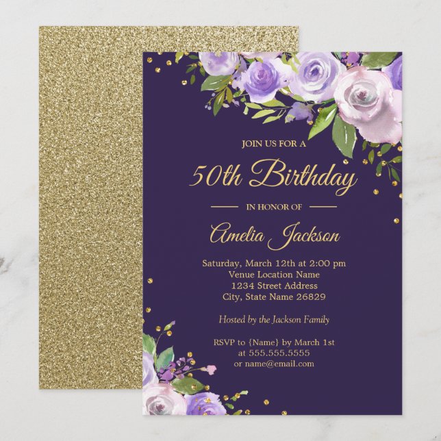 Gold Purple Sparkle Floral 50th Birthday Invite (Front/Back)