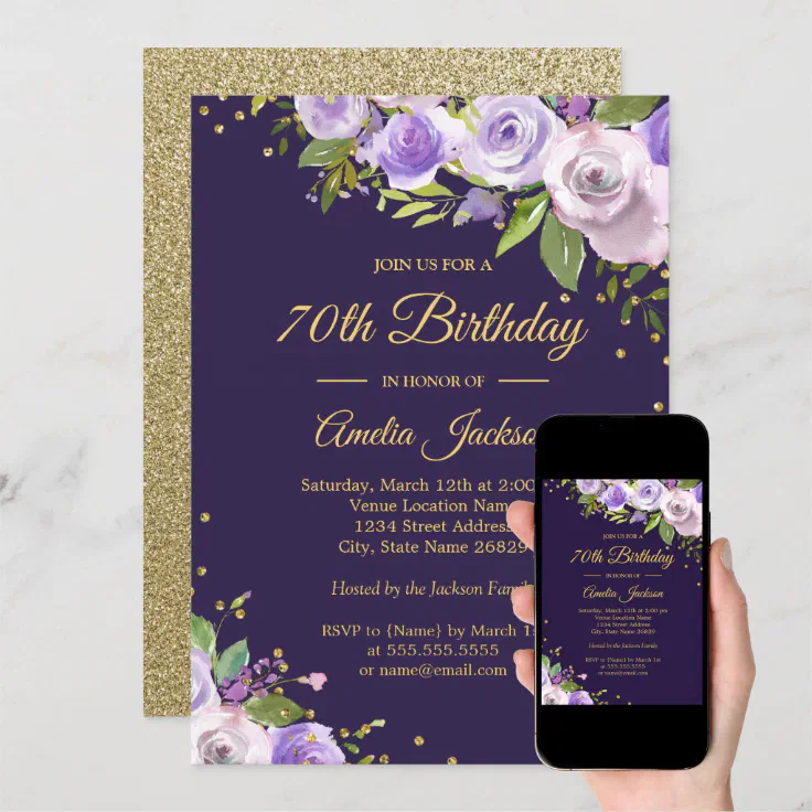 Gold Purple Sparkle Floral 70th Birthday Invite | Zazzle