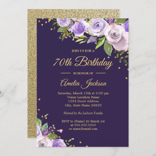 Gold Purple Sparkle Floral 70th Birthday Invite