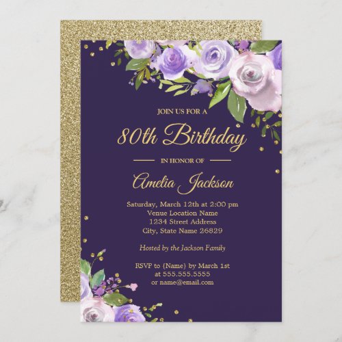 Gold Purple Sparkle Floral 80th Birthday Invite