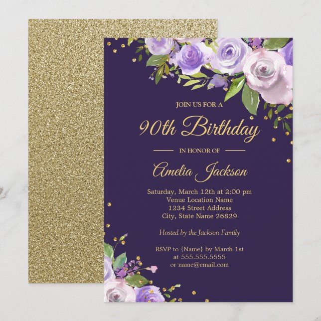 Gold Purple Sparkle Floral 90th Birthday Invite (Front/Back)