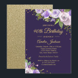 Gold Purple Sparkle Floral 90th Birthday Invite<br><div class="desc">More pretty floral Birthday Invitations in the Little Bayleigh Store!</div>
