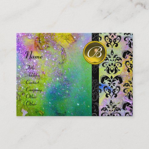 GOLD PURPLE SPARKLING DAMASK MONOGRAM green yellow Business Card