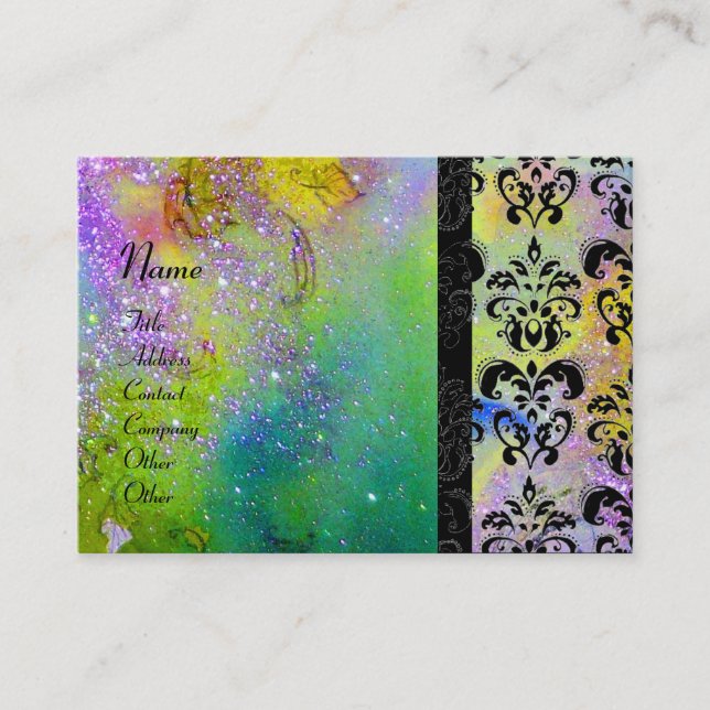 GOLD PURPLE SPARKLING DAMASK MONOGRAM green yellow Business Card (Front)