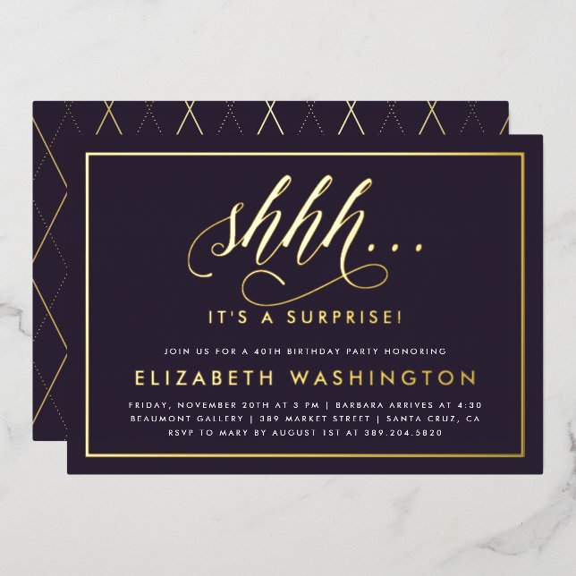 Gold & Purple Surprise Birthday Party Foil Invitation (Front/Back)
