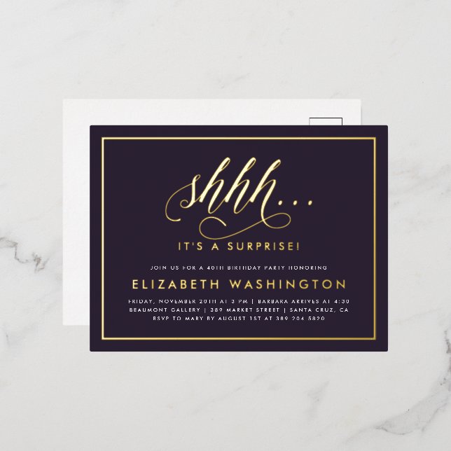 Gold & Purple Surprise Birthday Party Foil Invitation Postcard (Front/Back)