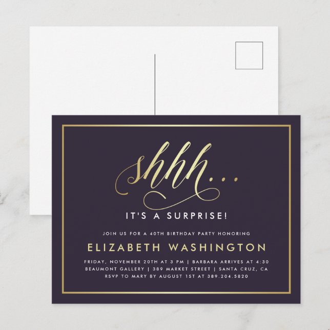 Gold & Purple Surprise Birthday Party Invitation Postcard (Front/Back)