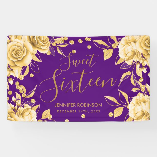 Gold Purple Sweet 16 Glitter Confetti Floral Banner (Horizontal)