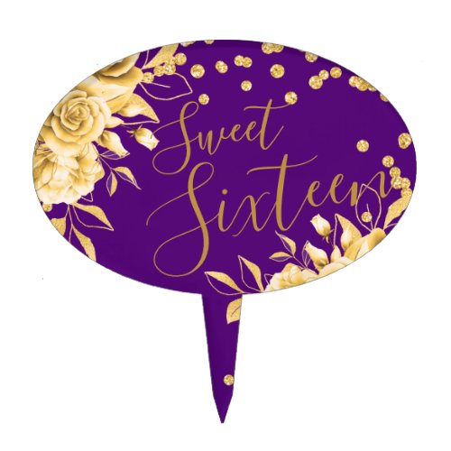 Gold Purple Sweet 16 Glitter Confetti Floral Cake Topper