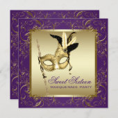 Gold Purple Sweet Sixteen Masquerade Party Invitation (Front/Back)