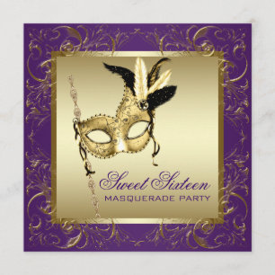 Gold Purple Sweet Sixteen Masquerade Party Invitation