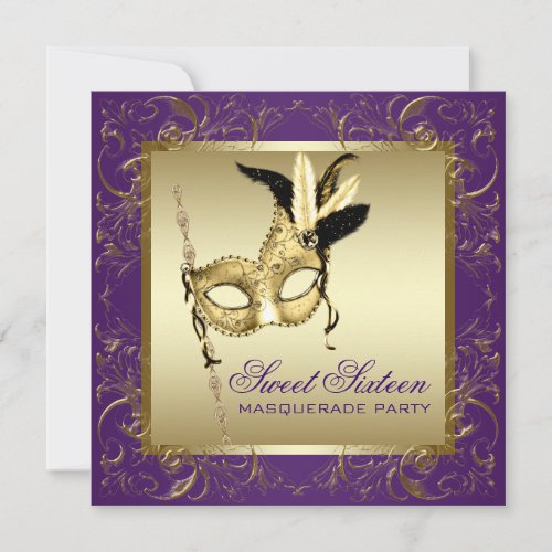 Gold Purple Sweet Sixteen Masquerade Party Custom Announcement