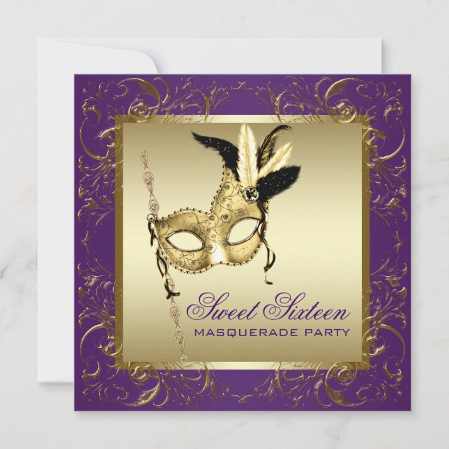 Gold Purple Sweet Sixteen Masquerade Party Invitation (Front)