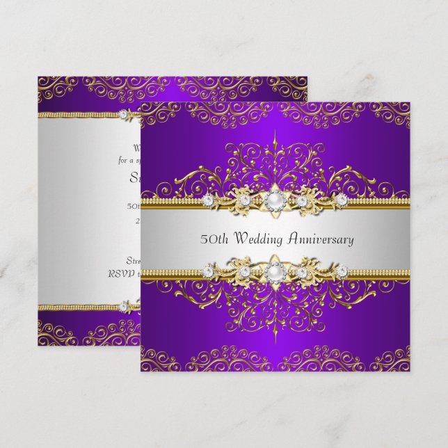 Gold Purple Swirl 50th Wedding Anniversary Invitation (Front/Back)