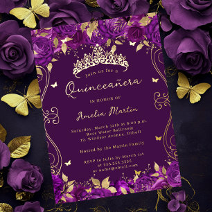 Gold Purple Swirl Scroll Floral Quinceanera  Foil Invitation