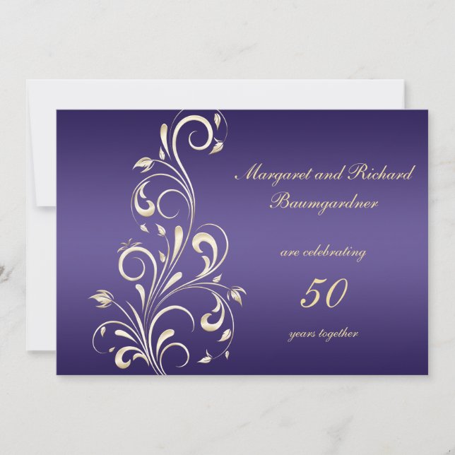 Gold Purple Swirls 50th Wedding Anniversary Invitation (Front)