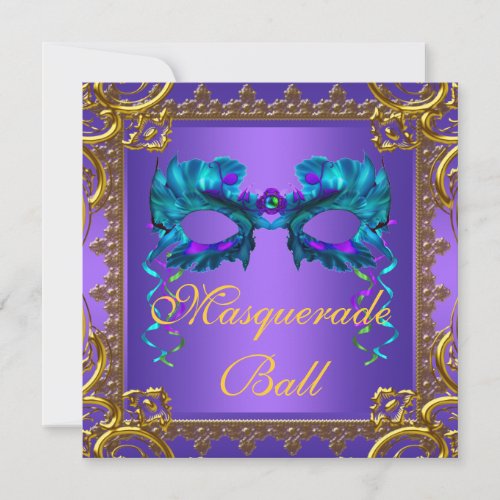 Gold Purple Teal Blue Mask Masquerade Ball Invitation