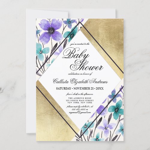 Gold Purple Teal Flower Watercolor Baby Shower Invitation