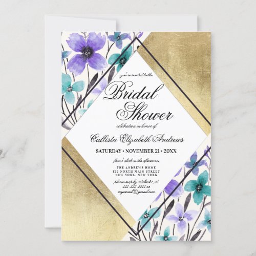 Gold Purple Teal Flower Watercolor Bridal Shower Invitation