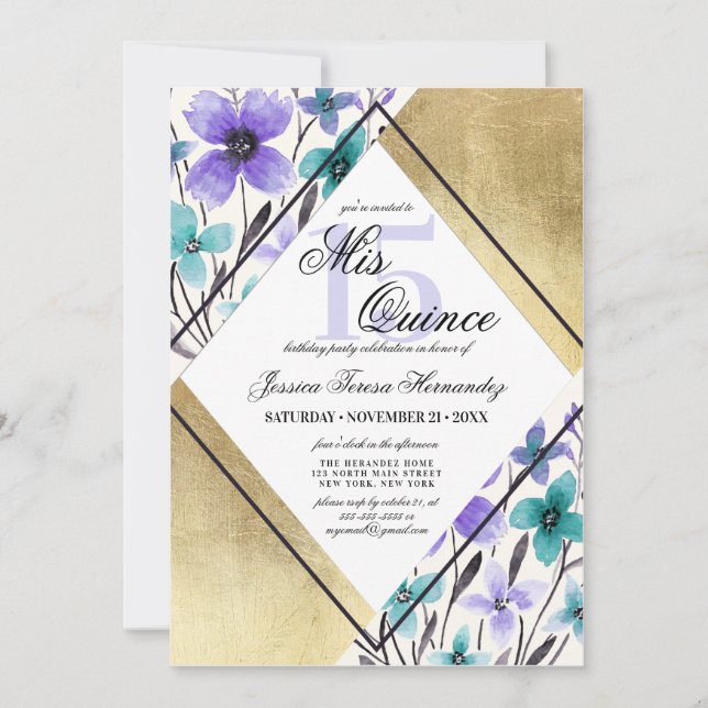 Gold Purple Teal Flower Watercolor Mis Quince Invitation (Front)