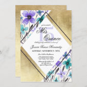 Gold Purple Teal Flower Watercolor Mis Quince Invitation (Front/Back)