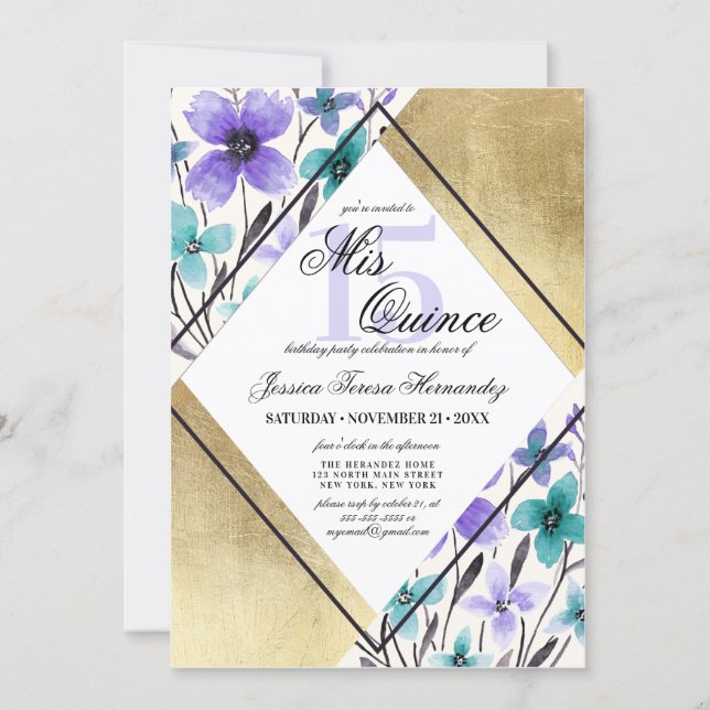 Gold Purple Teal Flower Watercolor Mis Quince Invitation (Front)