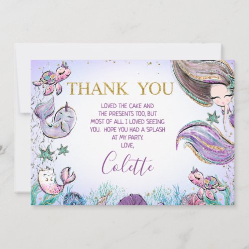 Gold Purple Teal Mermaid Birthday Thank You Card